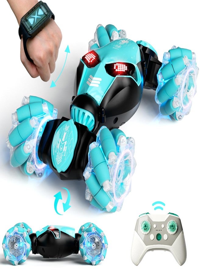 28°C Remote Control Car, Gesture Sensor RC Stunt Cars Toys for Boys Age 8 9 10 11 12+ Years Old, 2.4GHz 4WD RC Double Sided 360° Flips Off Road Vehicle Toy with Lights/Music, Gifts for Kids Girls Blue - Image 1